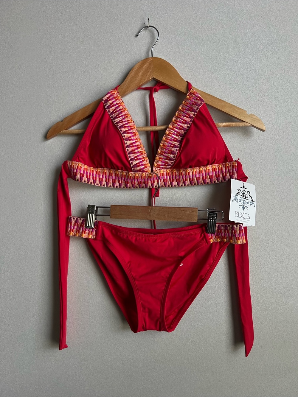 BECCA Red Halter Bikini with Multicolor  Crochet Trim